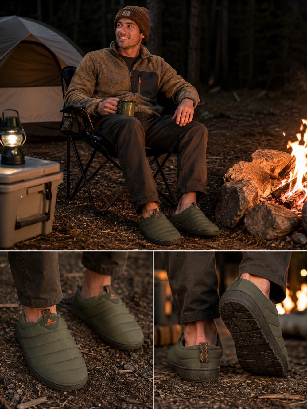 Ozark Trail Men’s Quilted Camp Slippers Olive Green Outdoor Slip-On Shoes Size 8